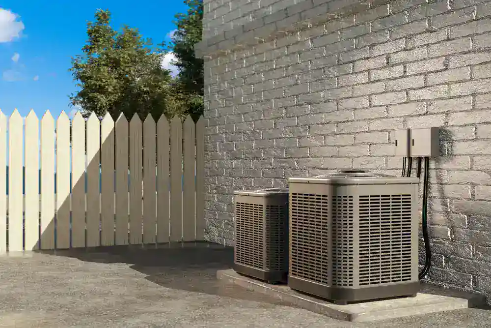 Two outdoor air conditioning units are placed on a concrete slab next to a brick wall, with a white wooden fence and green trees in the background under a blue sky.